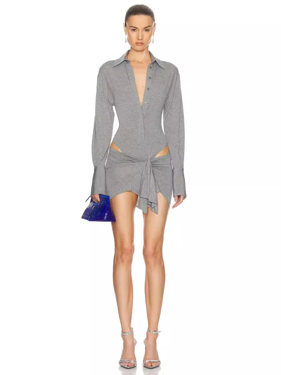 Chic Grey Long Sleeve Polo Collar Jumpsuit
