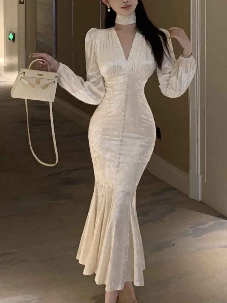 Elegant V-neck Fishtail Midi Dress for Parties