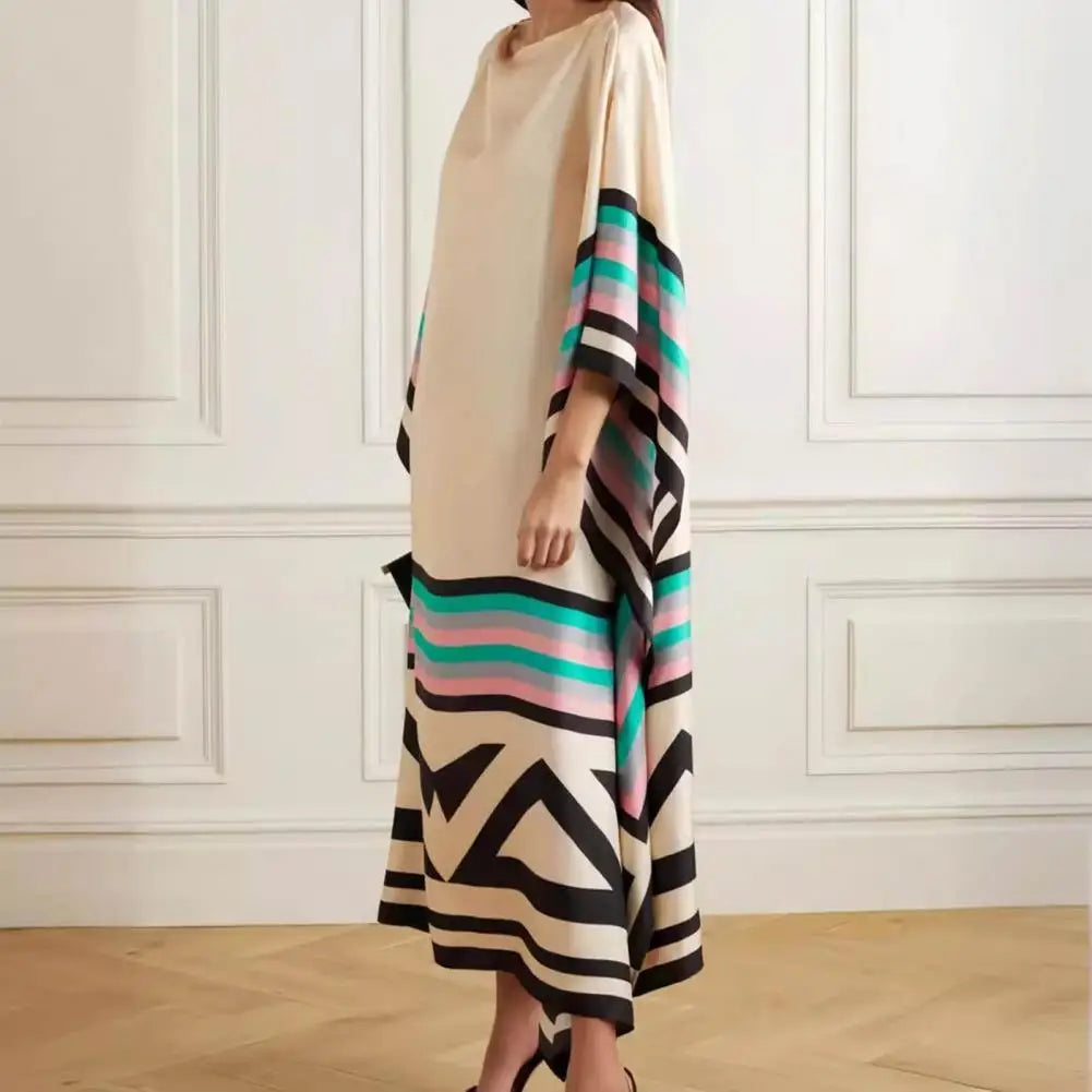 Elegant Striped Maxi Dress with Boat Neck Design