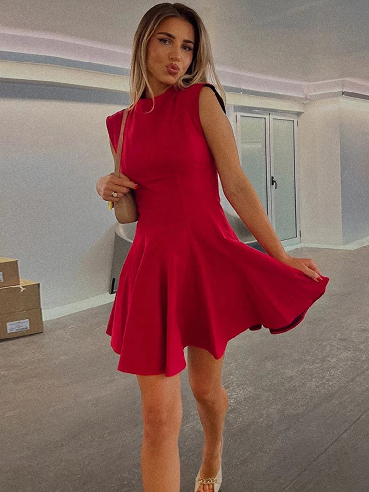 Stylish Red High Waist A-Line Mini Dress