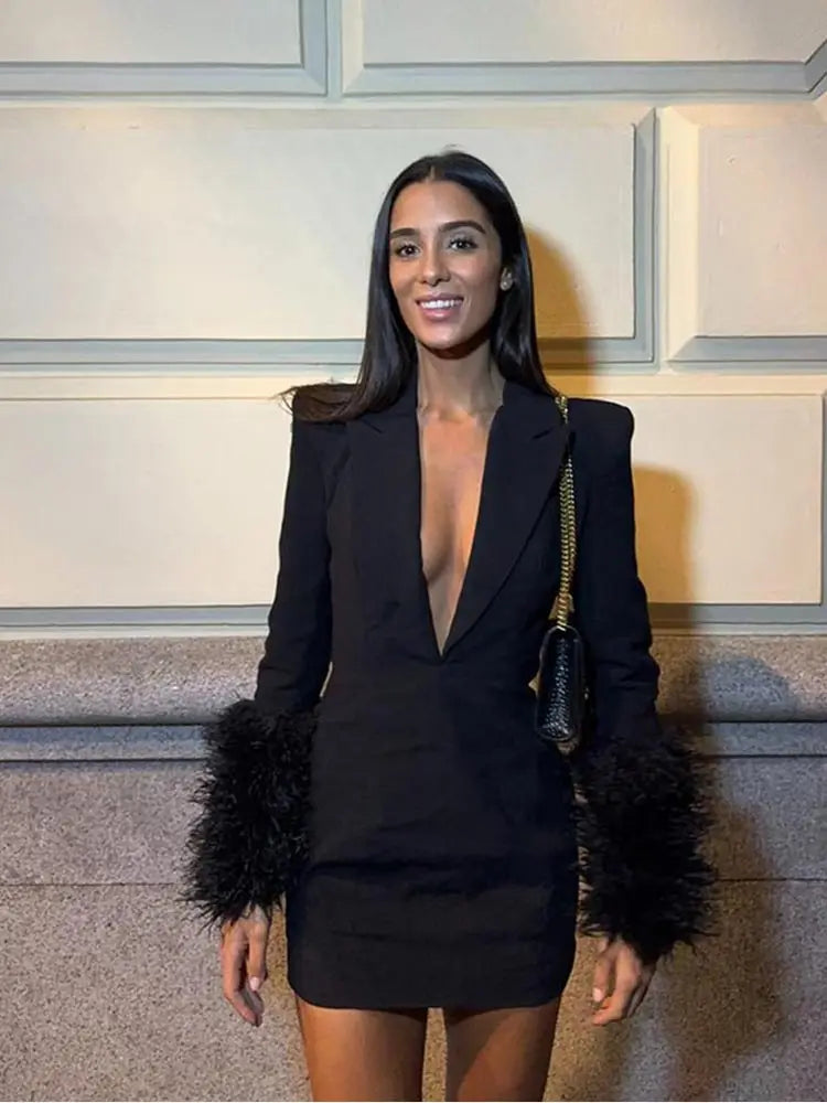 Chic Black Feather Cuff Blazer Mini Dress