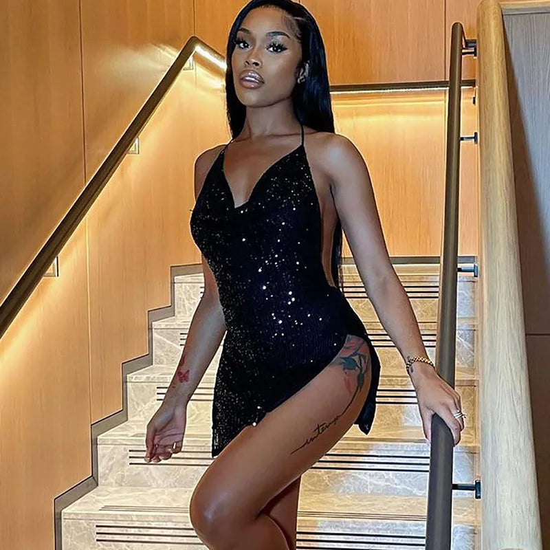 Trendy Summer Backless Sequins Mini Dress for Parties