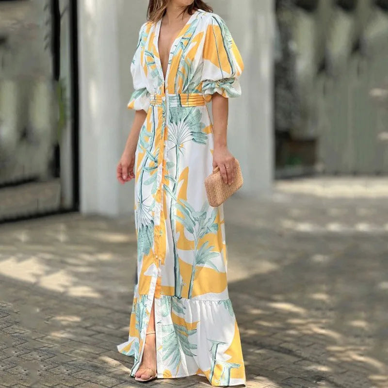Elegant Summer Maxi Dress with Puff Sleeves