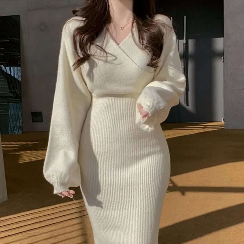 Chic Korean Style Crossbody V-Neck Knit Dress