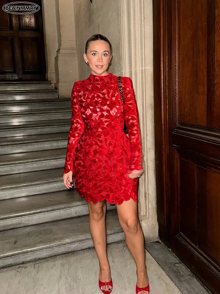 Red Hollow Out Mini Dress with Long Sleeves