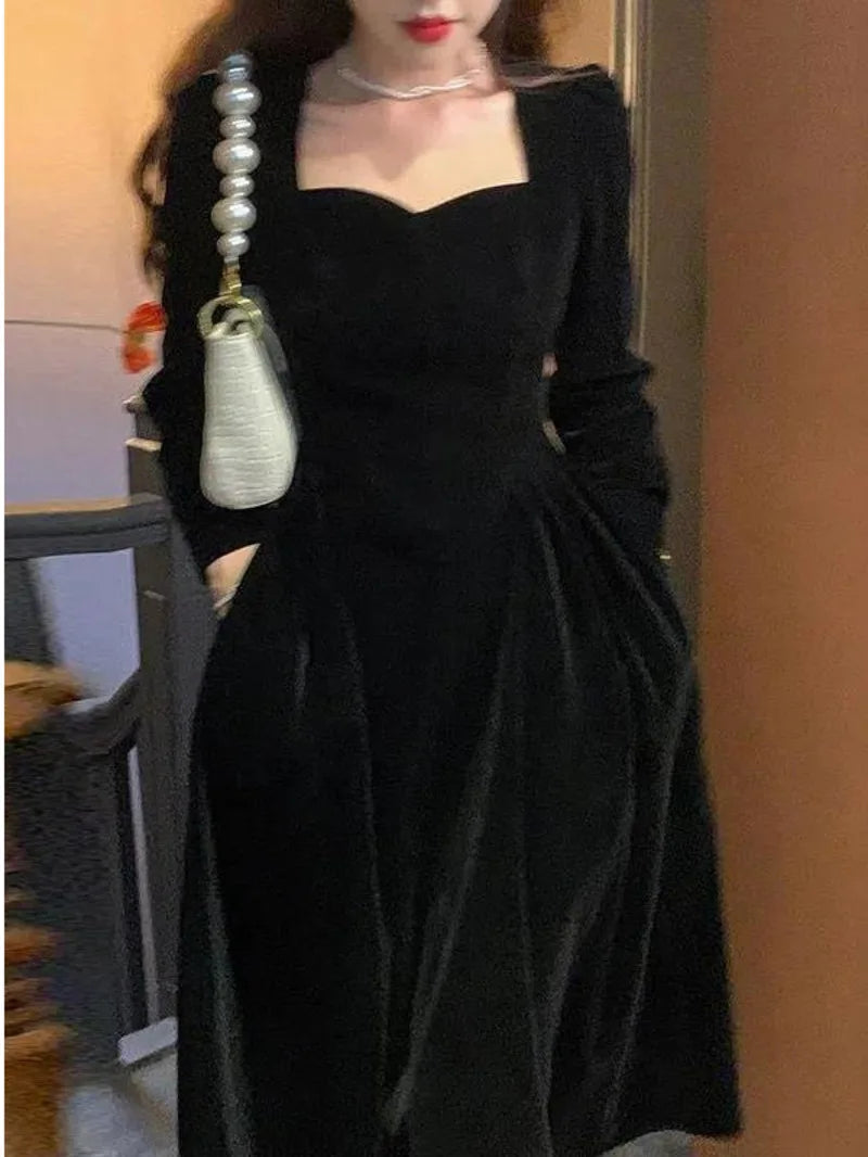 Elegant Golden Velvet Little Black Dress for Celebrities