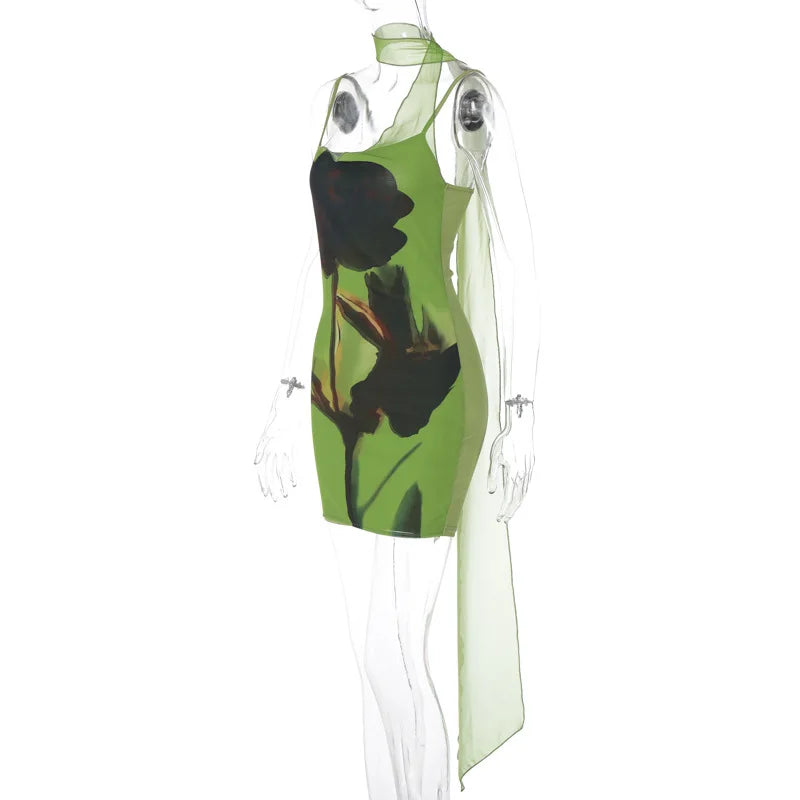 Stylish Green Print Mini Slip Dress for Parties - Image 25