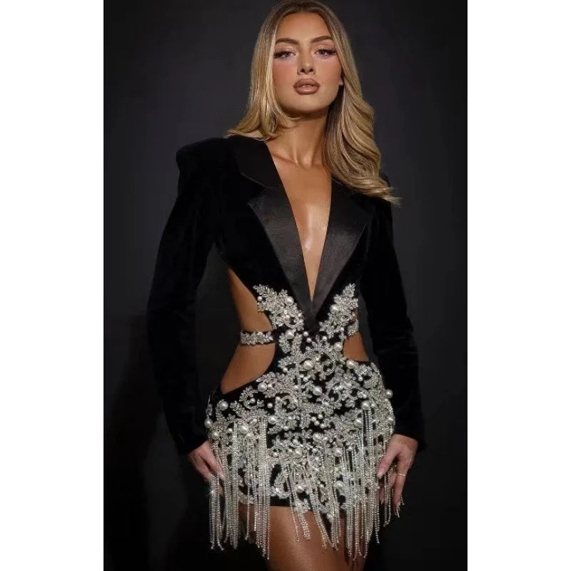 Sexy Hollow Out Black Mini Dress for Evening Parties