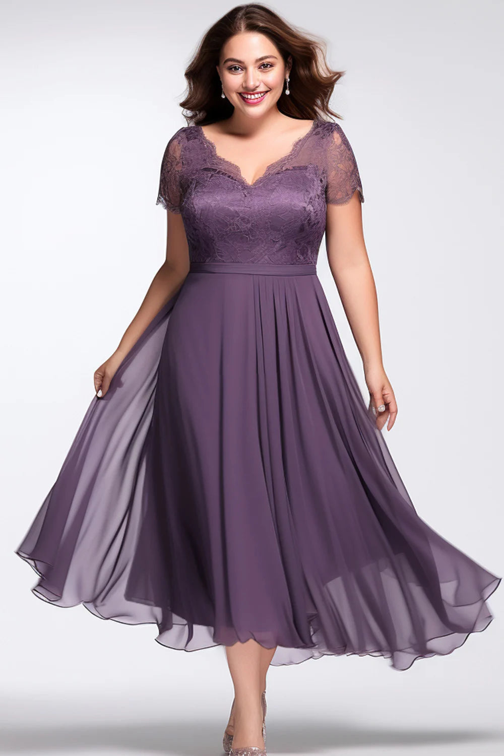 Elegant Plus Size Lace V Neck Wedding Guest Dress