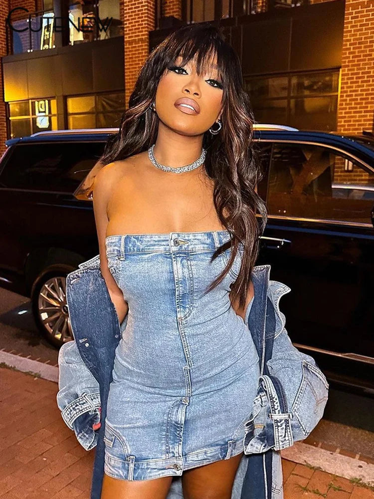 Stylish Blue Denim Ruched Mini Dress for Summer