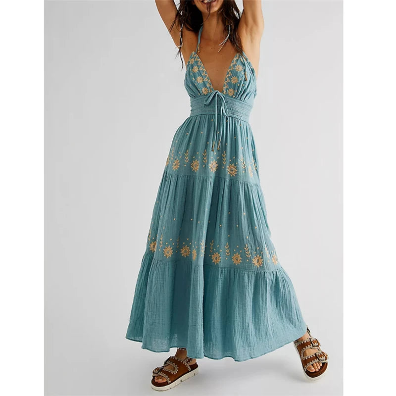 Summer Floral Embroidery Deep V-Neck A-Line Dress