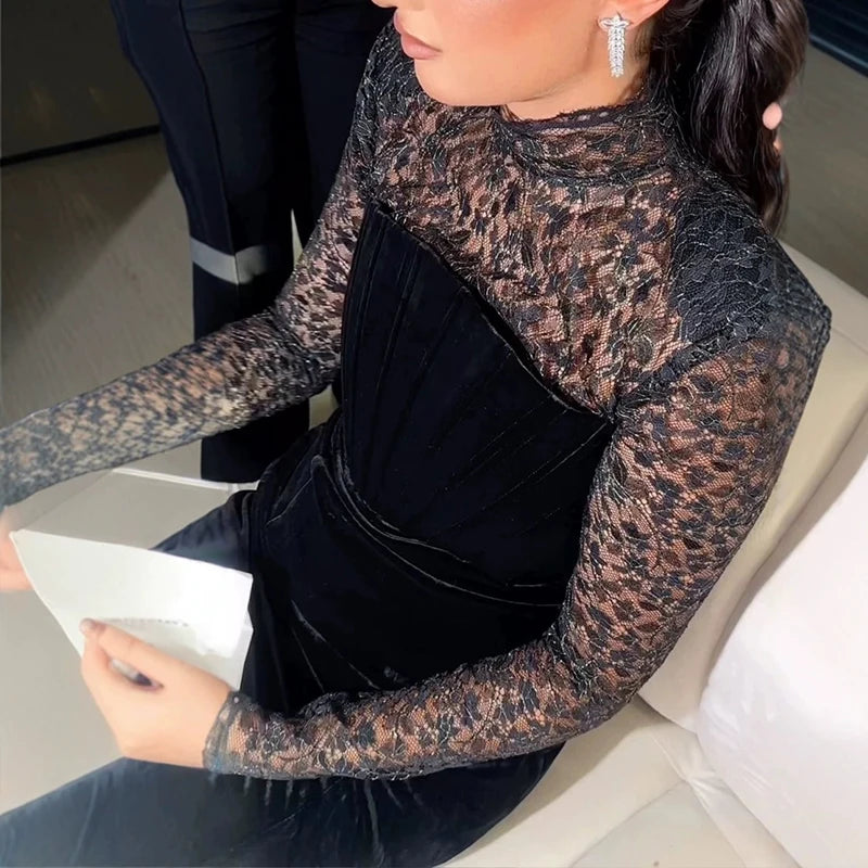 Elegant Black Velvet Maxi Dress with Lace Details