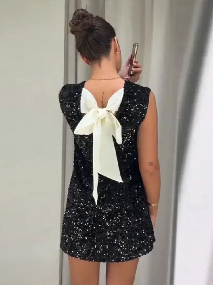 Chic Back Bow Sequin Mini Dress for Parties