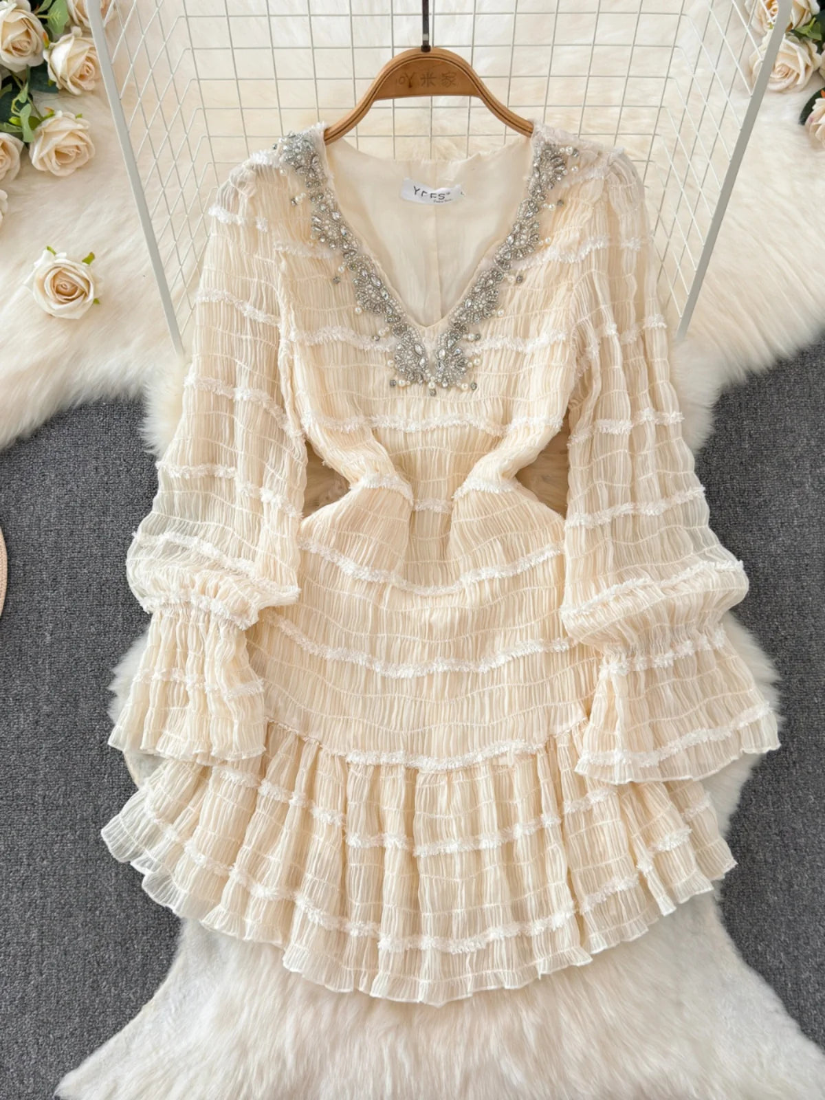 Diamond Studded V-Neck Slim Fit Ruffled Dress