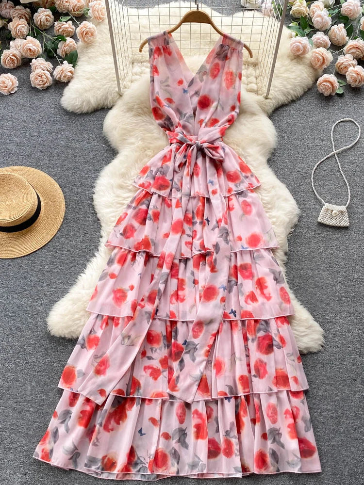 Catchy Backless Summer Beach Dress with Vibrant Prints