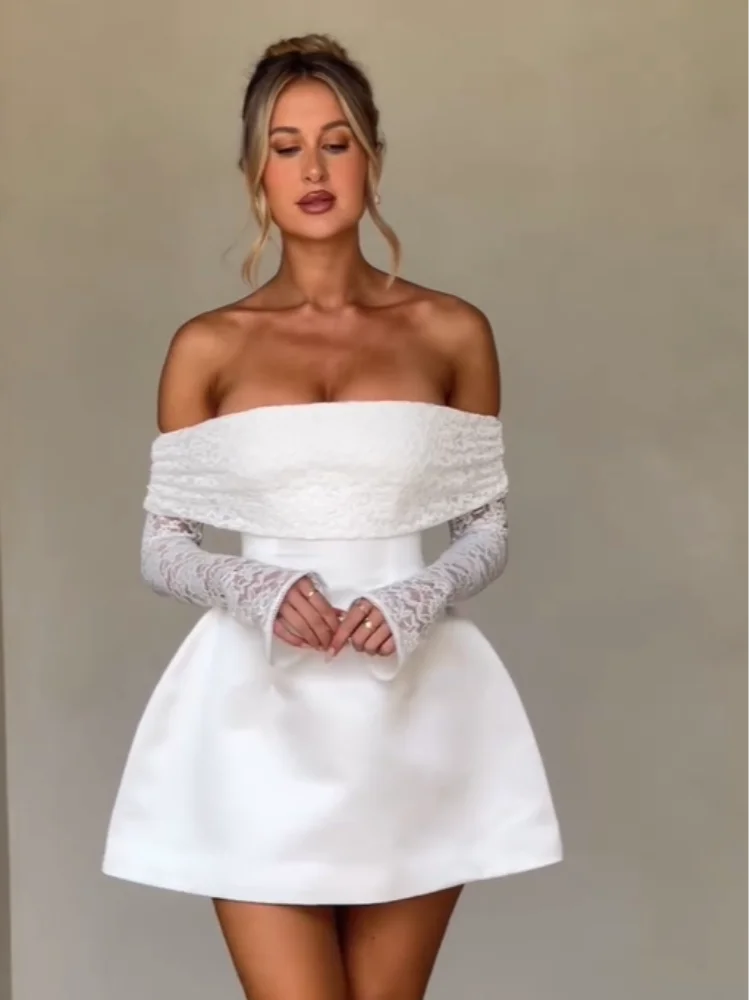 Elegant Off-Shoulder Lace Pleated Mini Dress