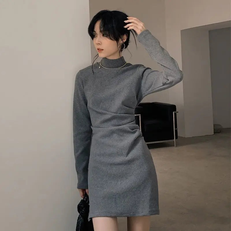 Chic Solid Stand Collar Pleated A-Line Dress