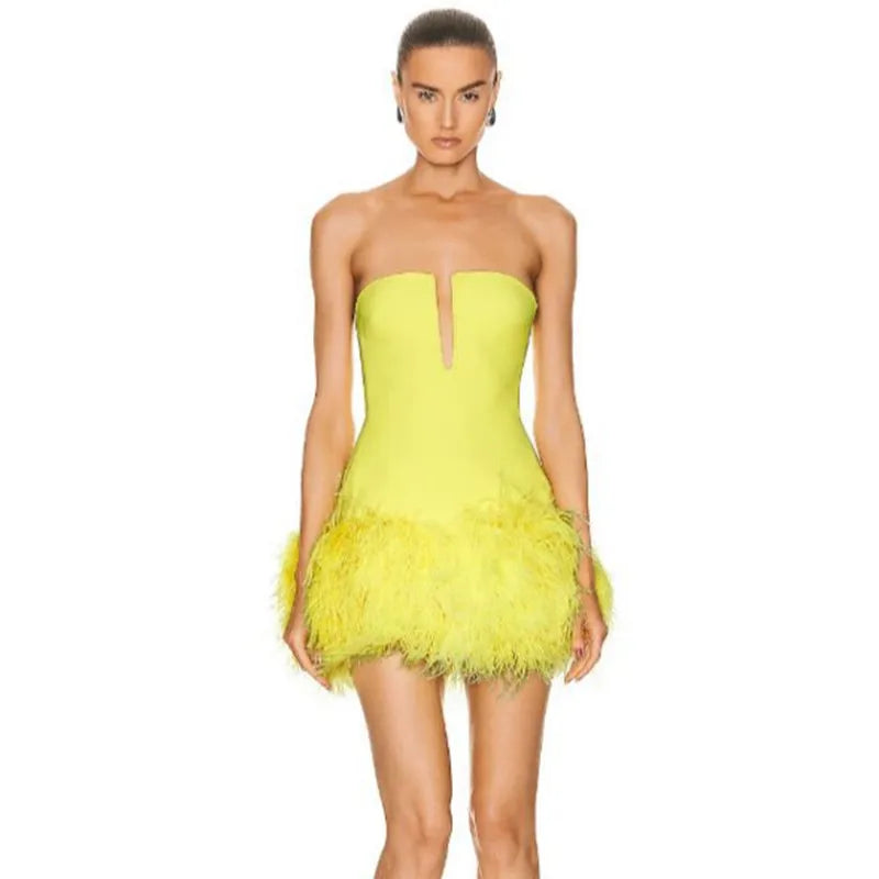 Stylish Yellow Black Strapless Feathers Mini Dress