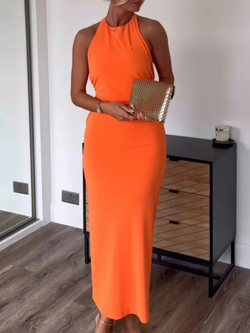 Chic Pleated Backless Halter Summer Dress