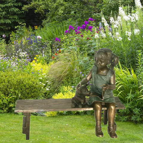 Girl with Puppy on Bench Statue