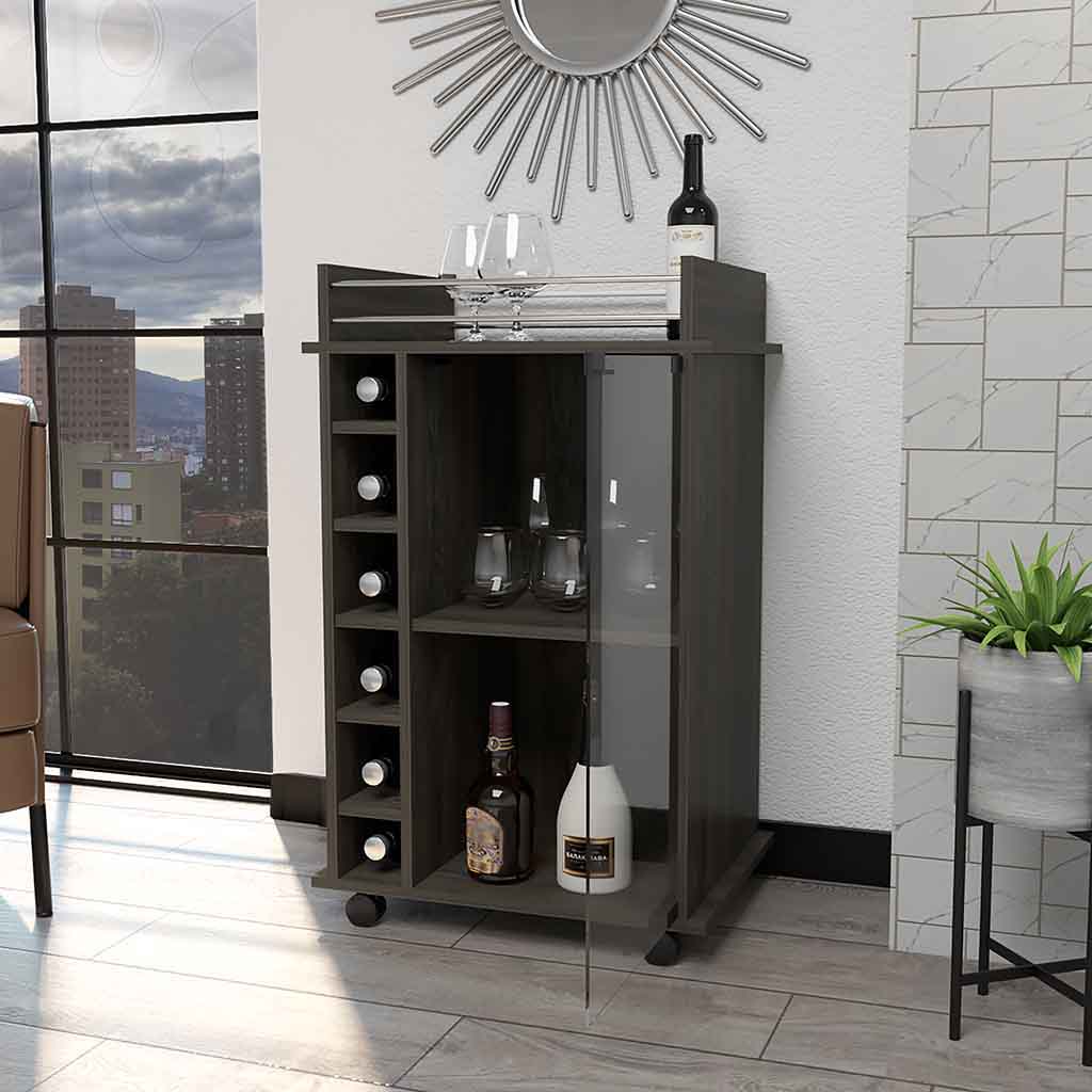 Vegas Bar Cart, Two Tier Cabinet With Glass Door, Six Cubbies For Liquor by FM FURNITURE-image-8