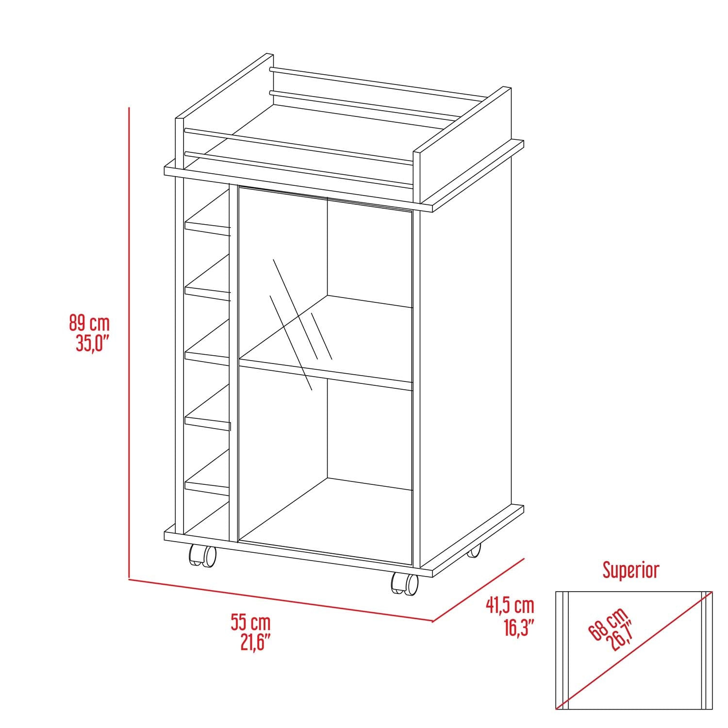 Vegas Bar Cart, Two Tier Cabinet With Glass Door, Six Cubbies For Liquor by FM FURNITURE-image-4