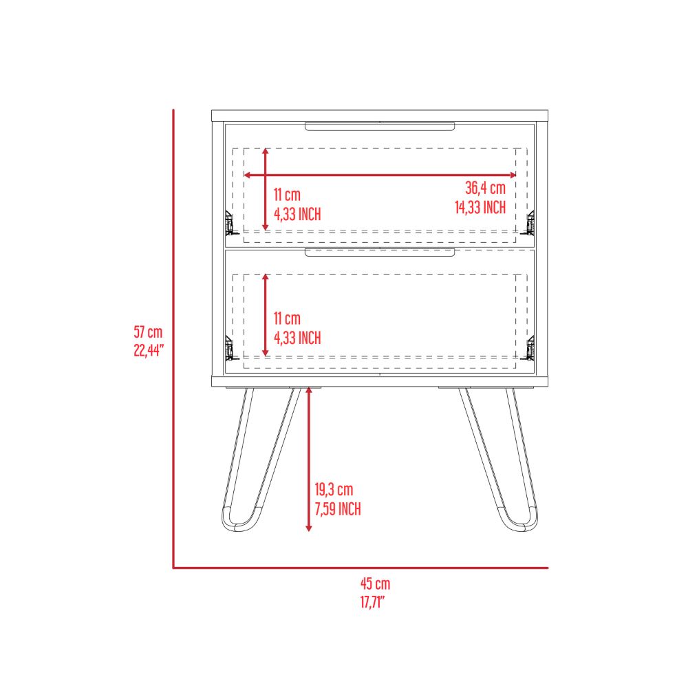 Nuvo Nightstand, Two Drawers, Hairpin Legs by FM FURNITURE