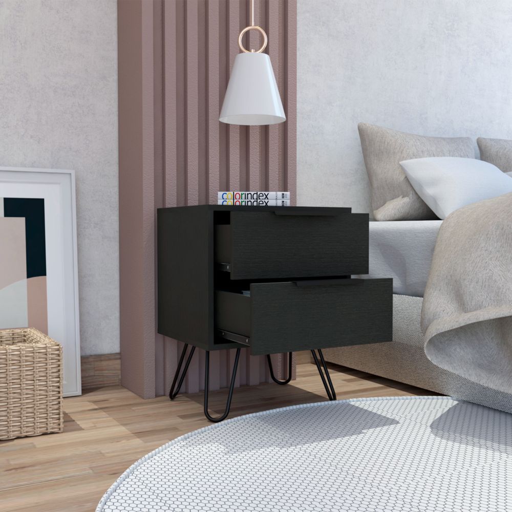 Nuvo Nightstand, Two Drawers, Hairpin Legs by FM FURNITURE