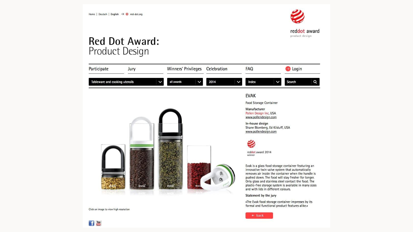 EVAK 密封罐 榮獲 2014 年紅點產品設計大獎