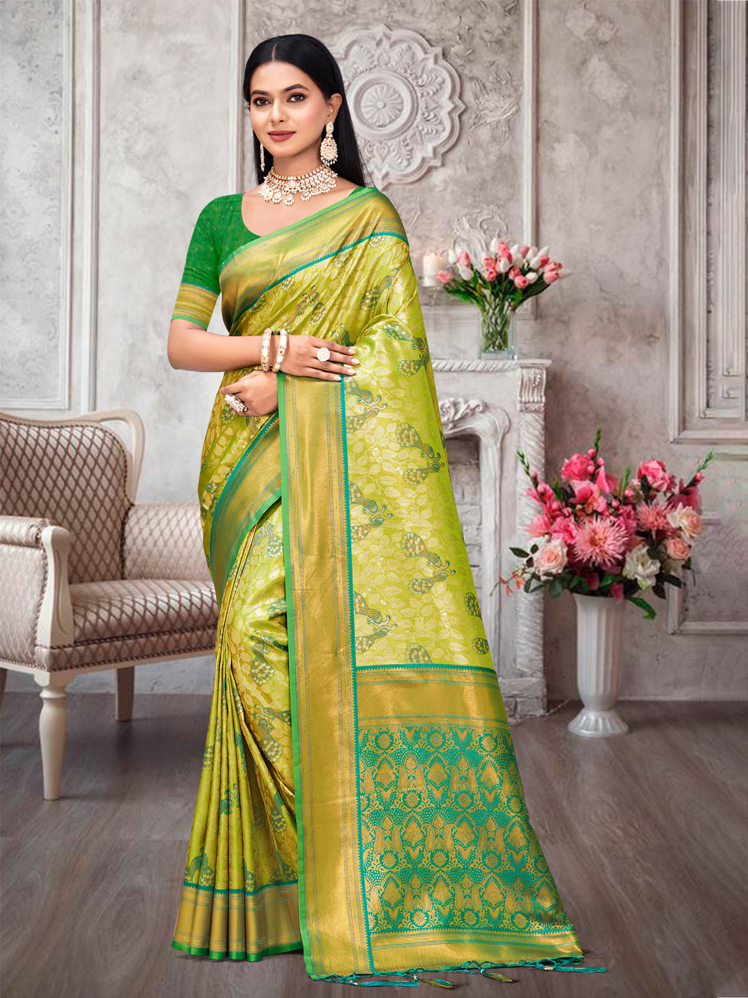 Sangam Lime Yellow Kanjivaram Silk Saree