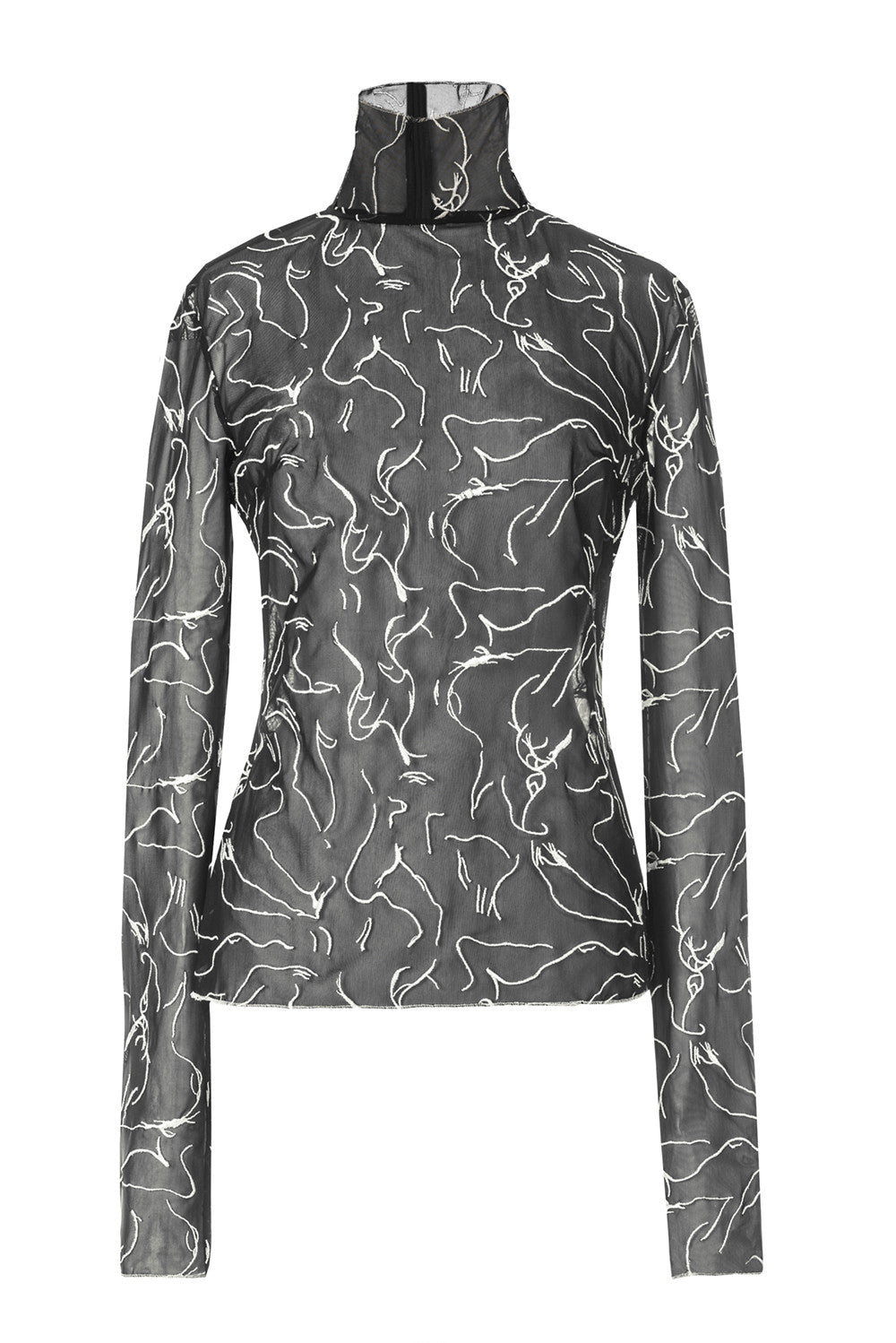 Lightweight Embroidered Sheer Turtleneck in Black | Misha Nonoo