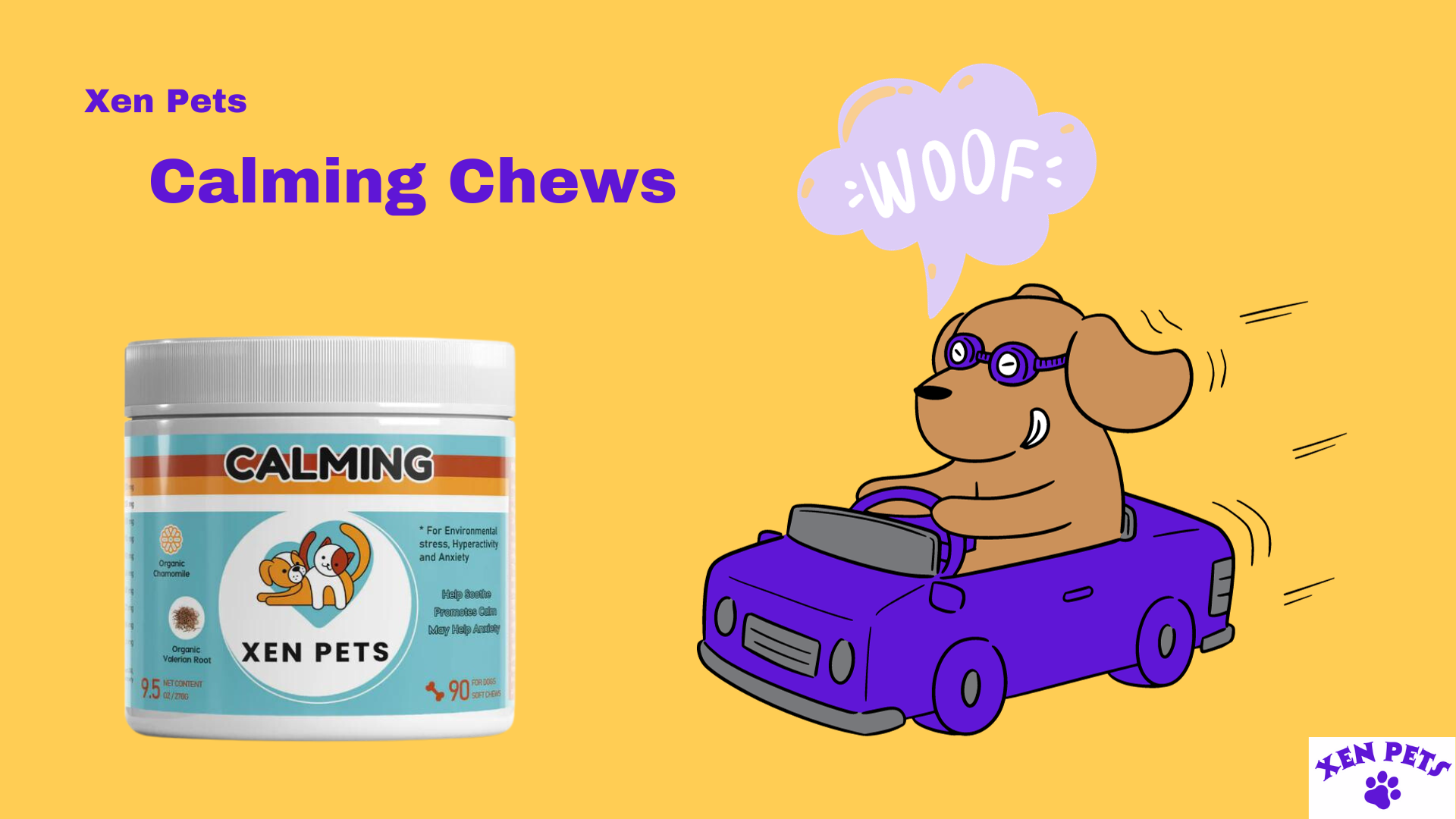 Cartoon dog riding in a car next to Xen Pets Calming Chews.