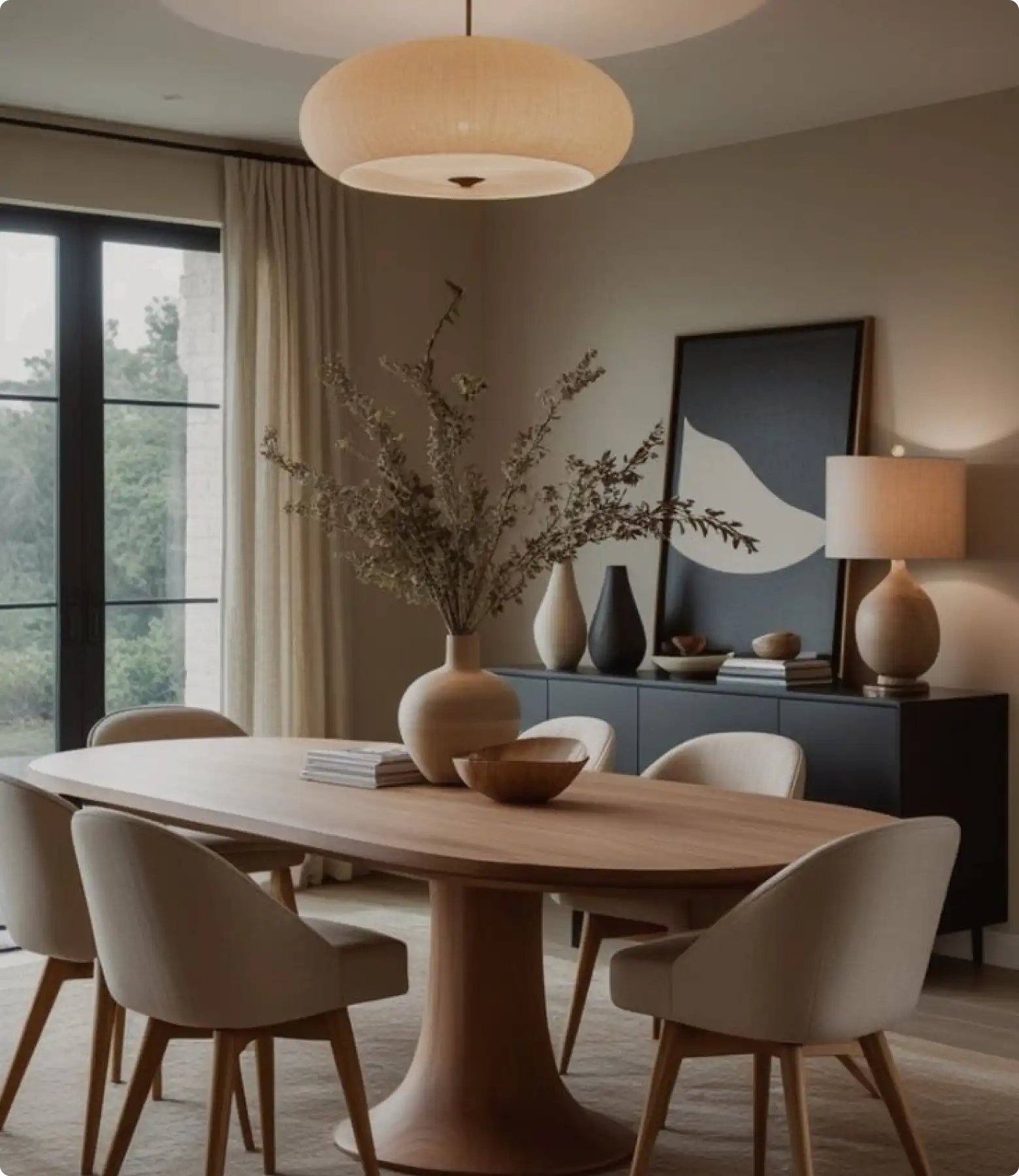 Modern dining room with fabric pendant light and ceramic table lamp on dark sideboard