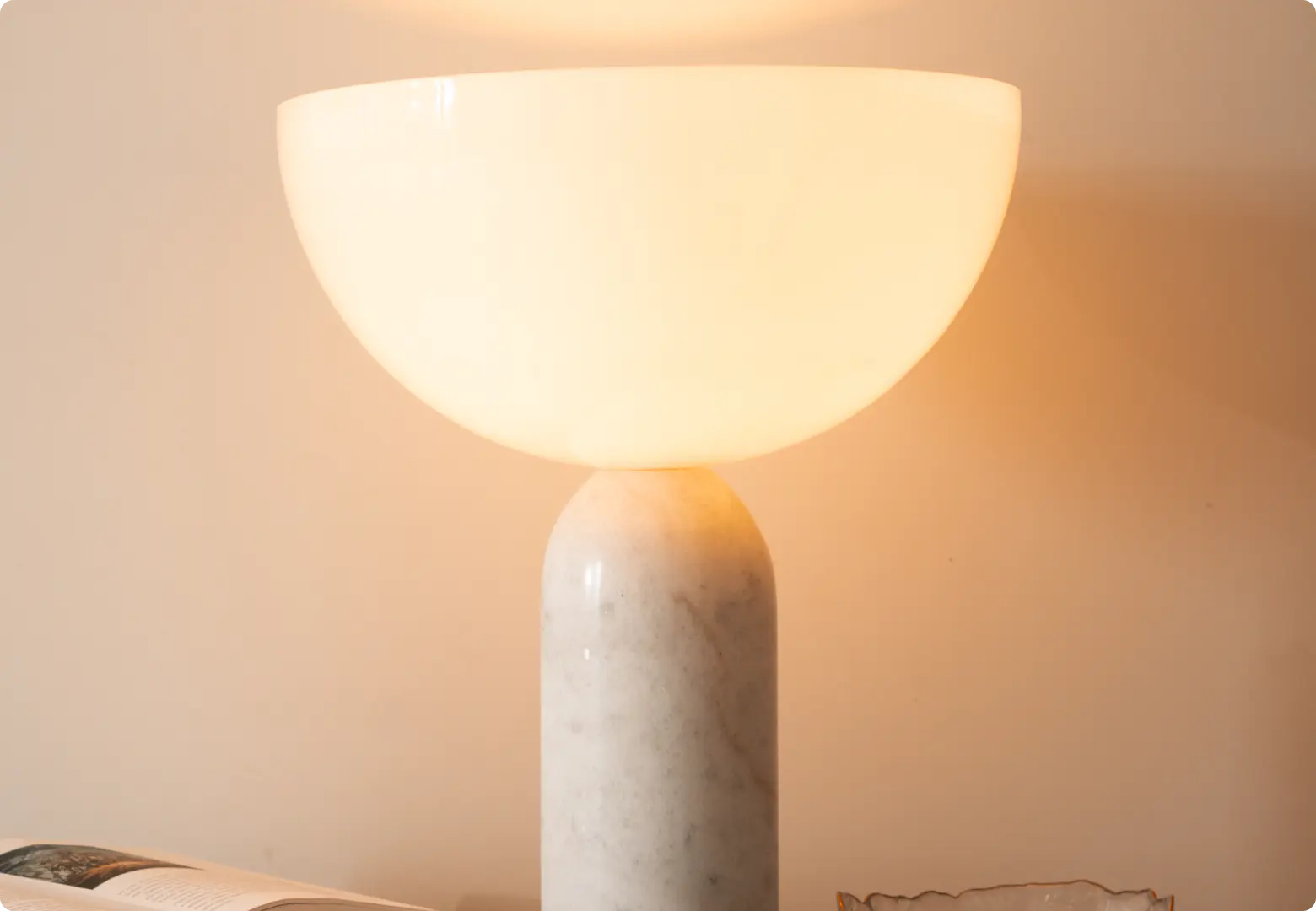 Designer marble table lamp with dome-shaped frosted glass shade