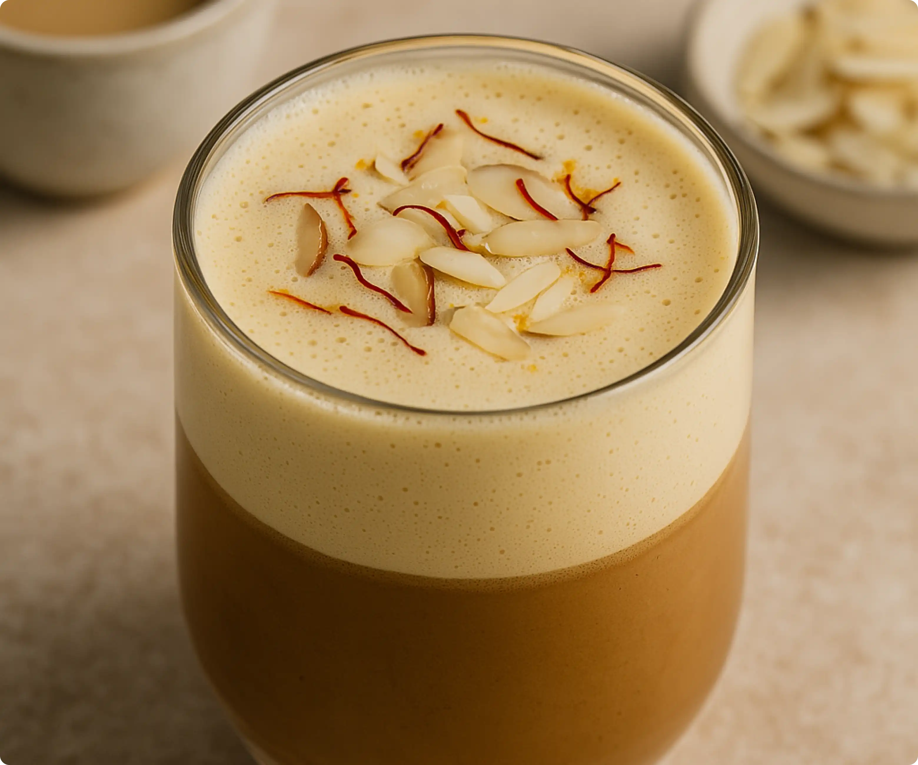 Saffron almond coffee with golden foam and almond slivers served in a transparent coffee cup