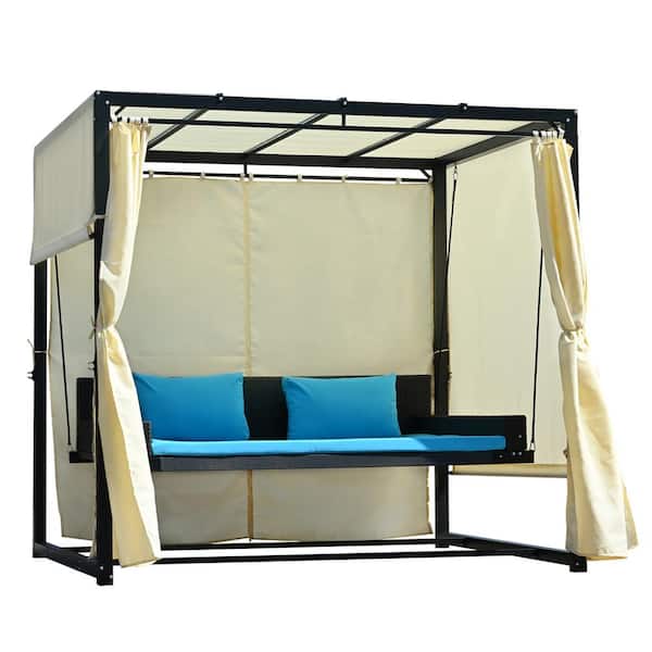 2-3 People Blue Wicker Outdoor Patio Swing Bed with Adjustable Curtains and Cushion