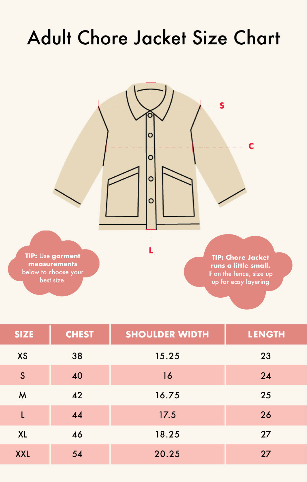Adult Chore Jacket Size Chart