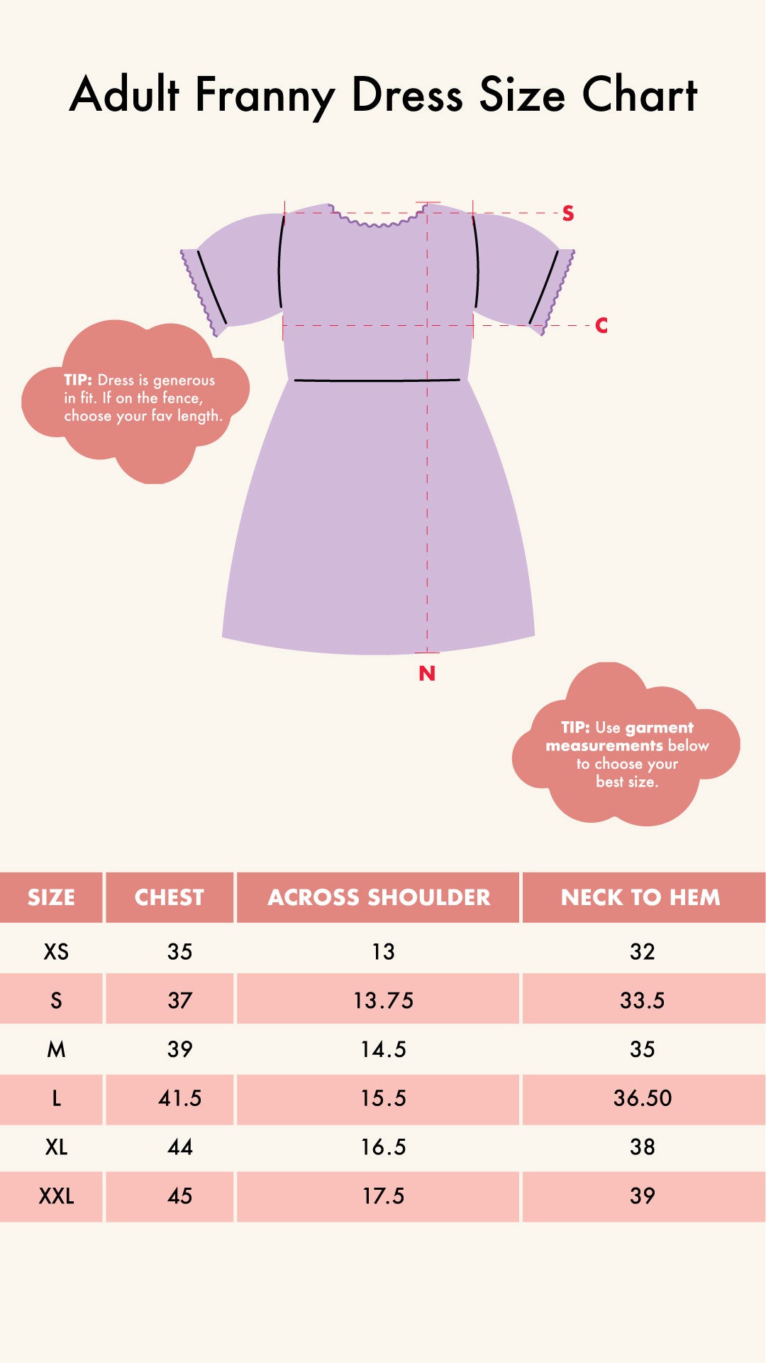 Adult Franny Dress Size Chart
