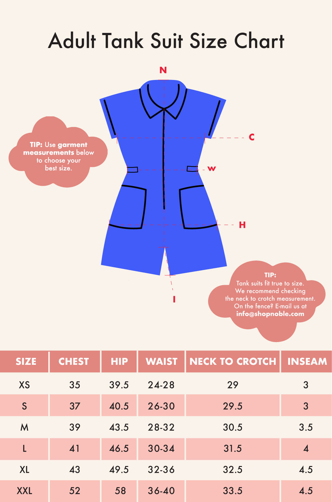 Adult Tank Suit Size Chart