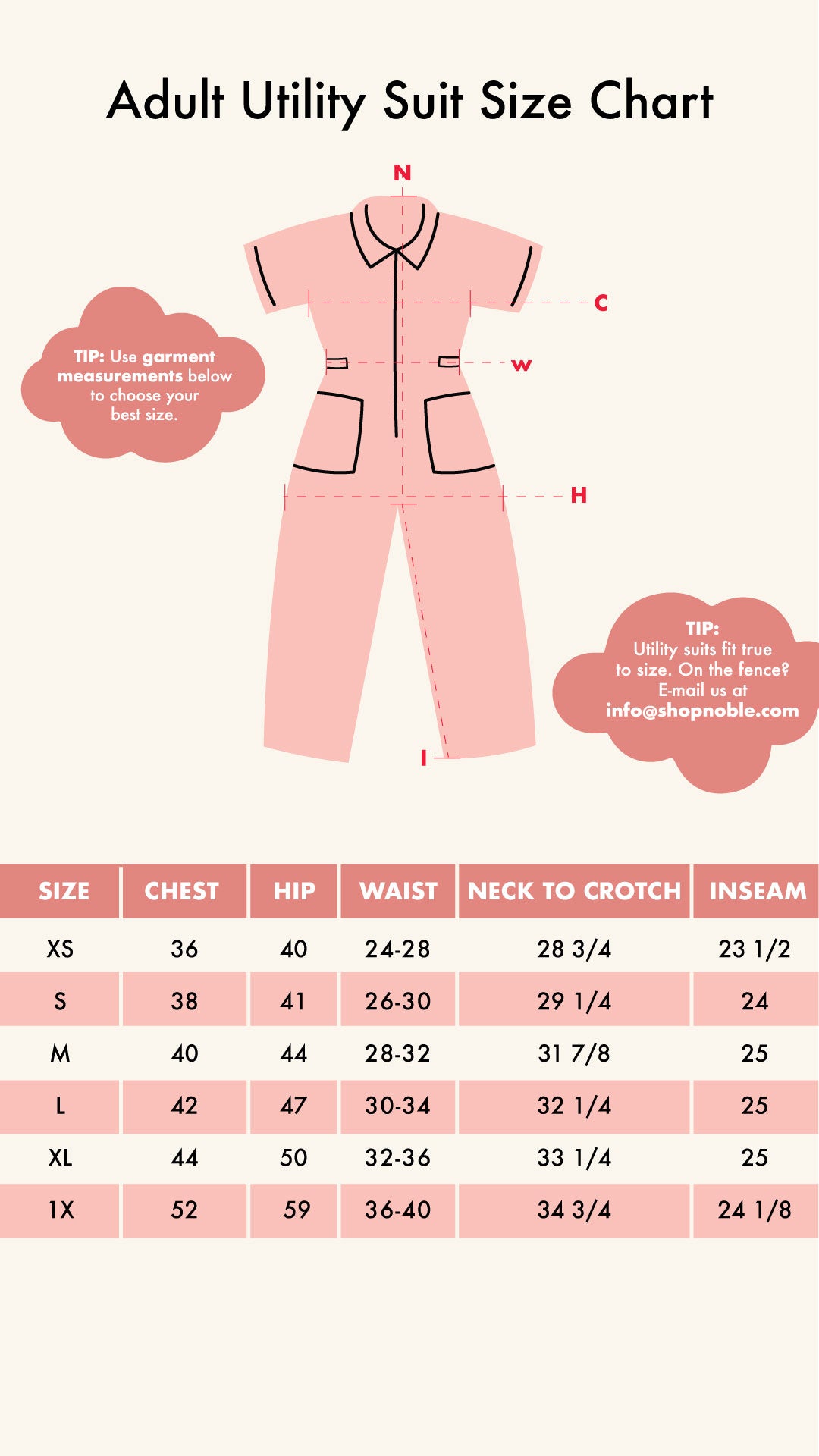 Adult Utility Suit Fall Size Chart