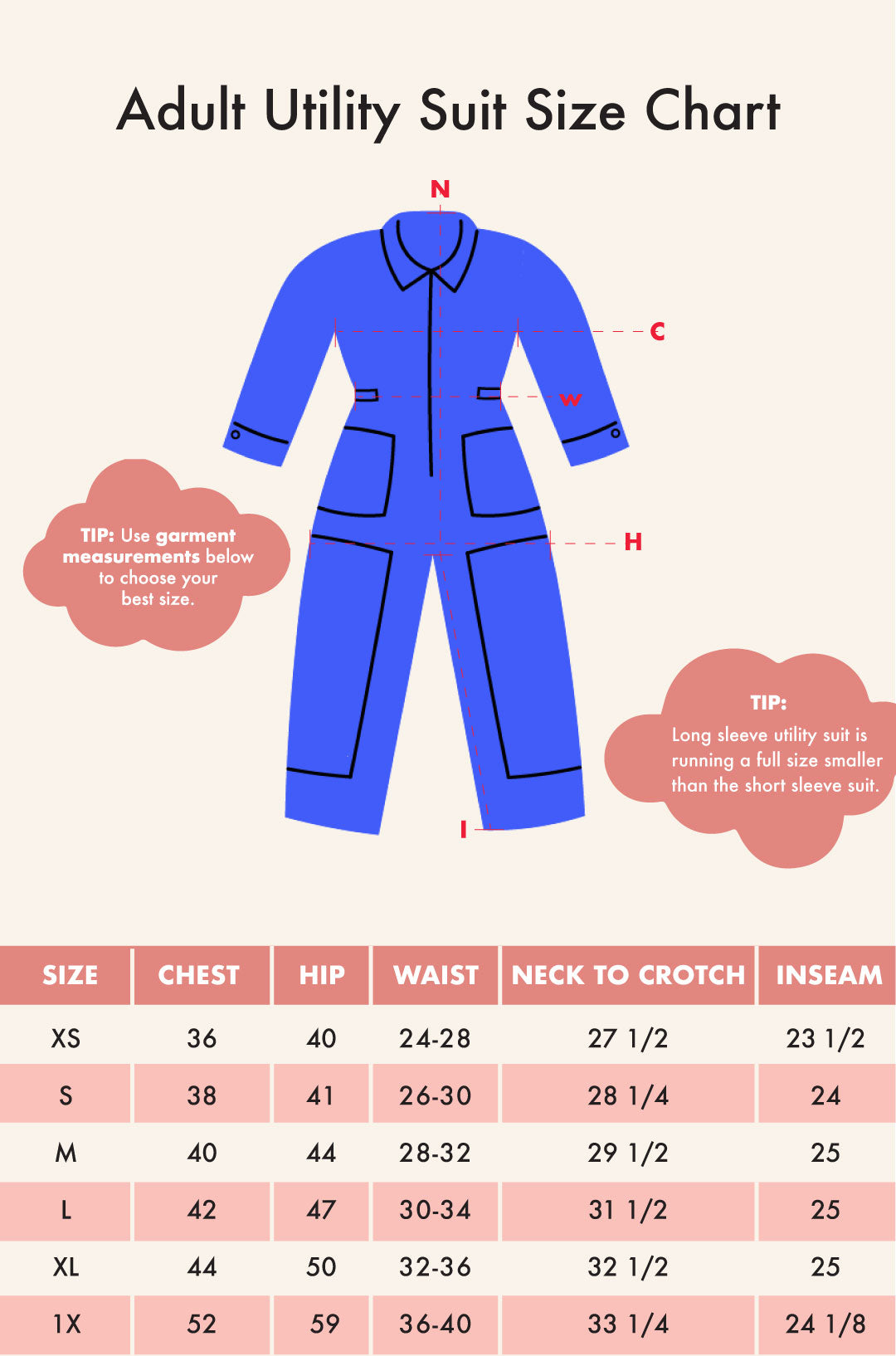 Adult Long Sleeve Utility Suit Size Chart