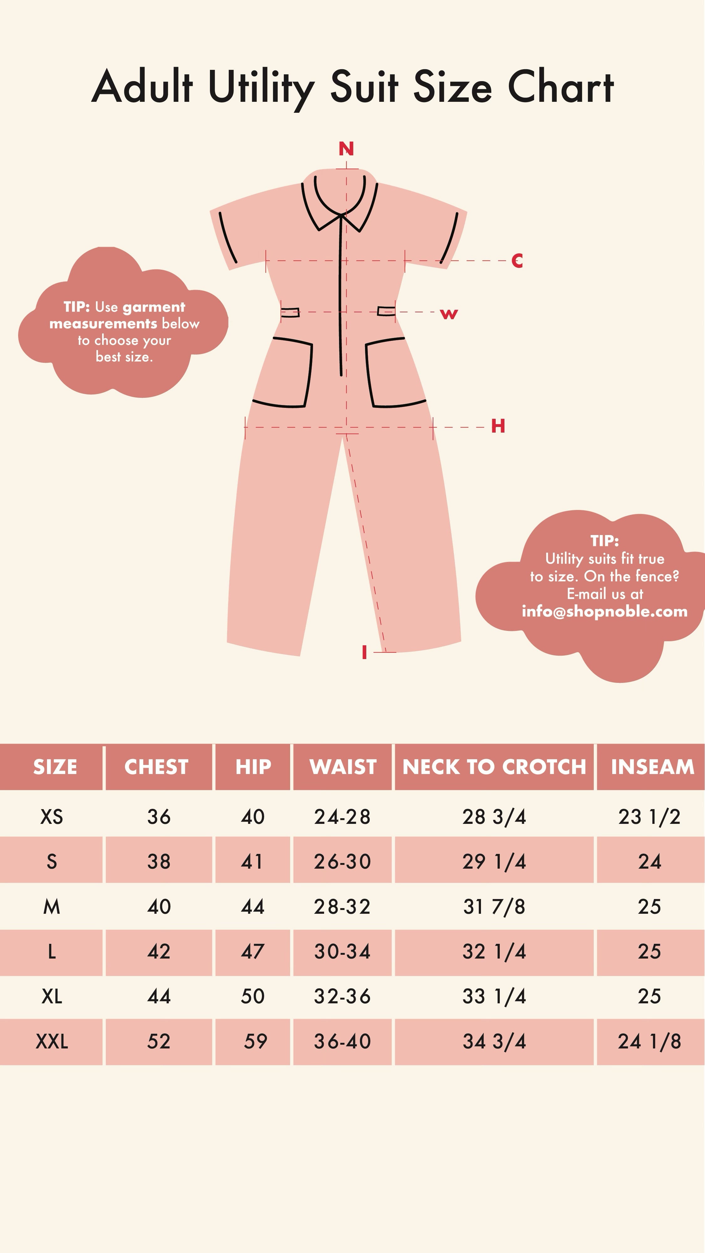 Adult Utility Suit Size Chart