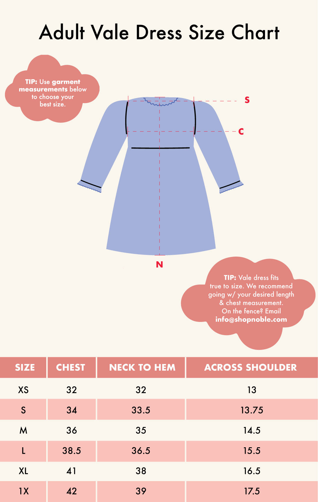 Adult Vale Dress Size Chart