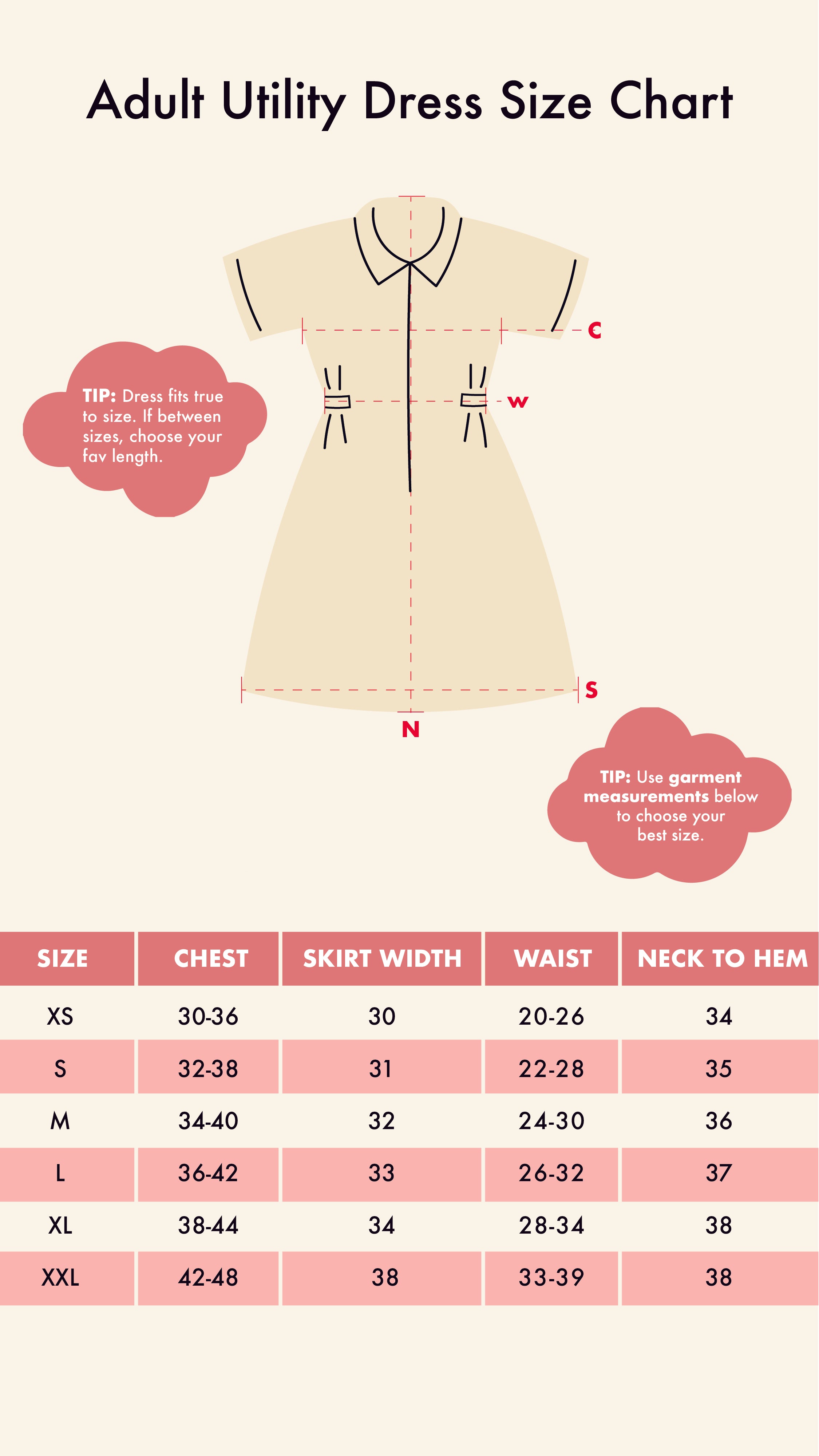 Adult Utility Dress Size Chart