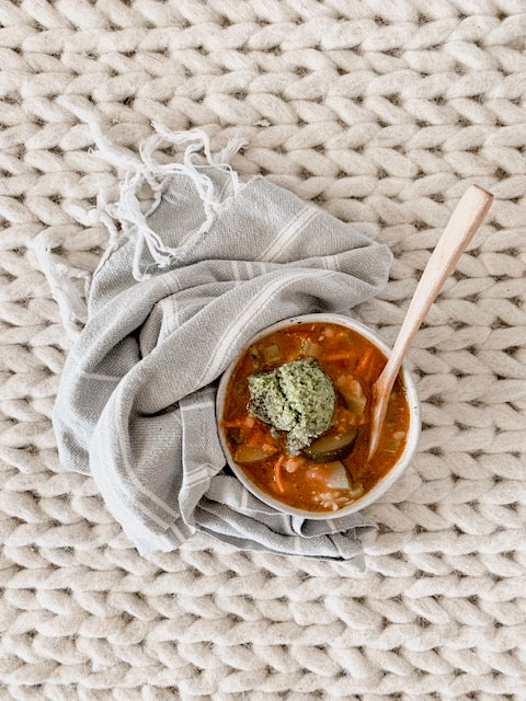 white bean and kale soup with brocolli pesto