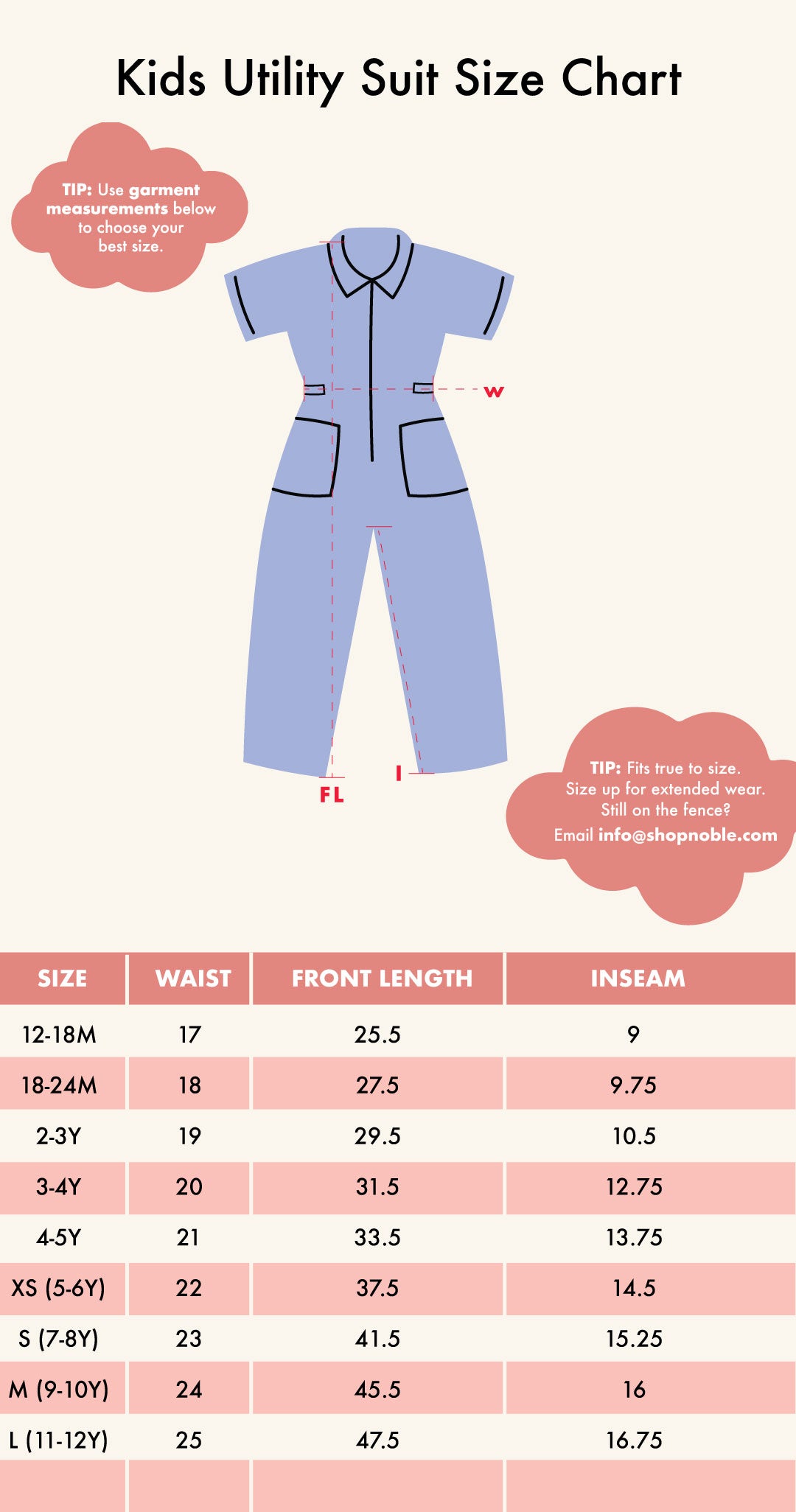 Kids Utility Suit Size Chart