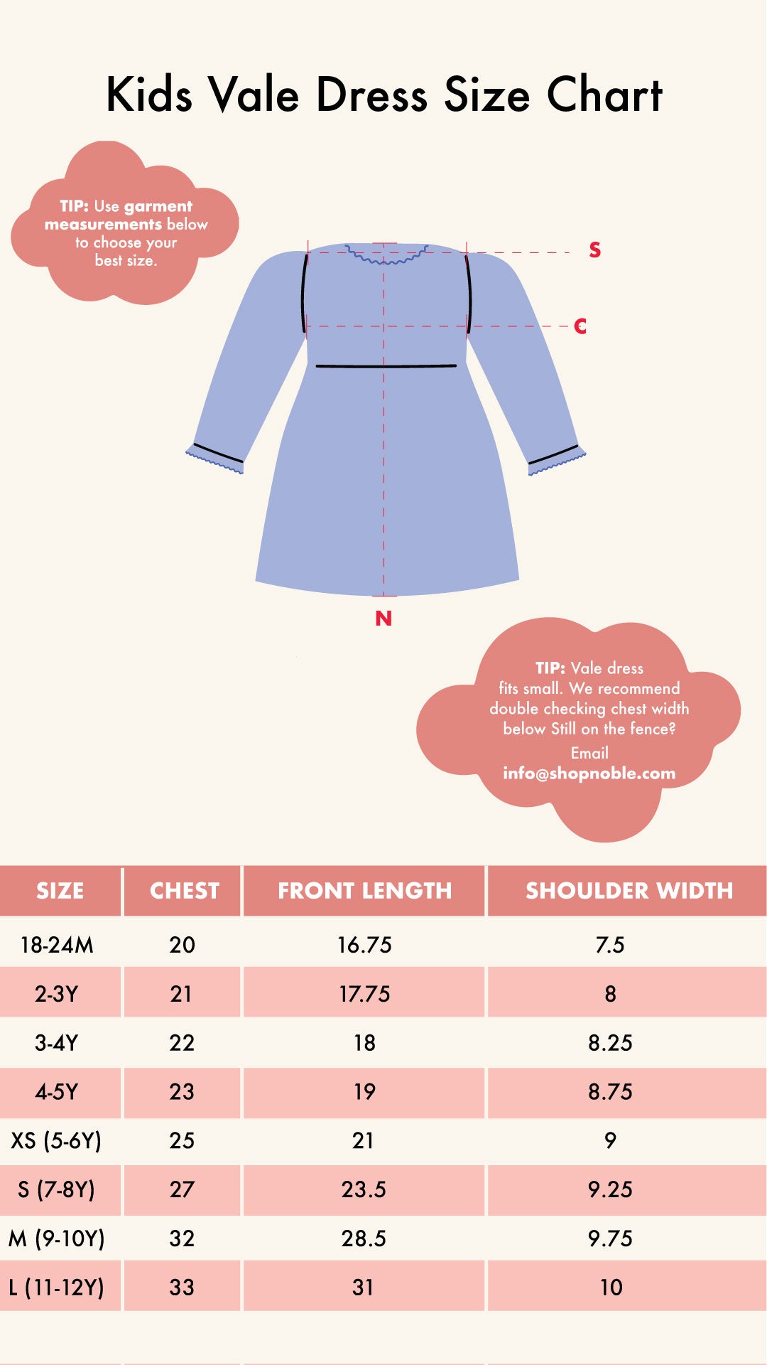 Kids vale Dress Size chart