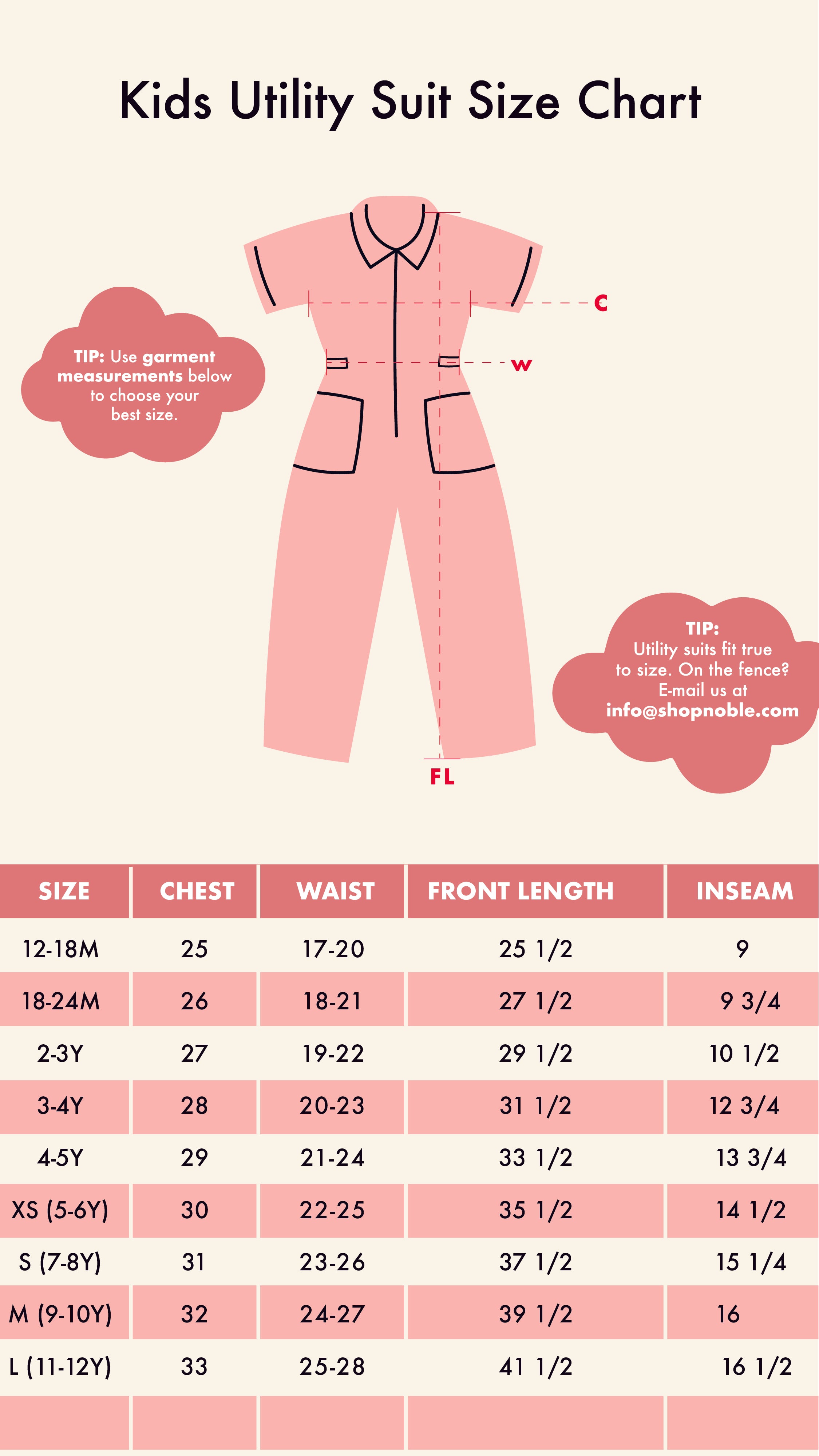 Kids Denim Utility Suit Size Chart