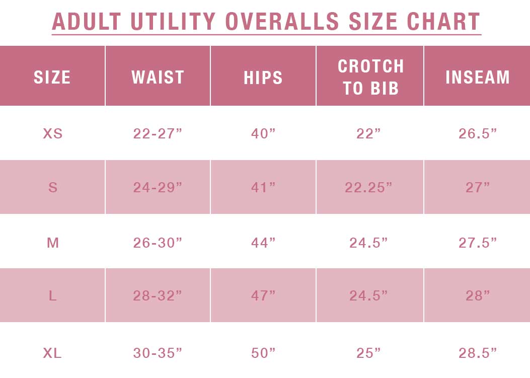 Adult Utility Overalls Size Chart