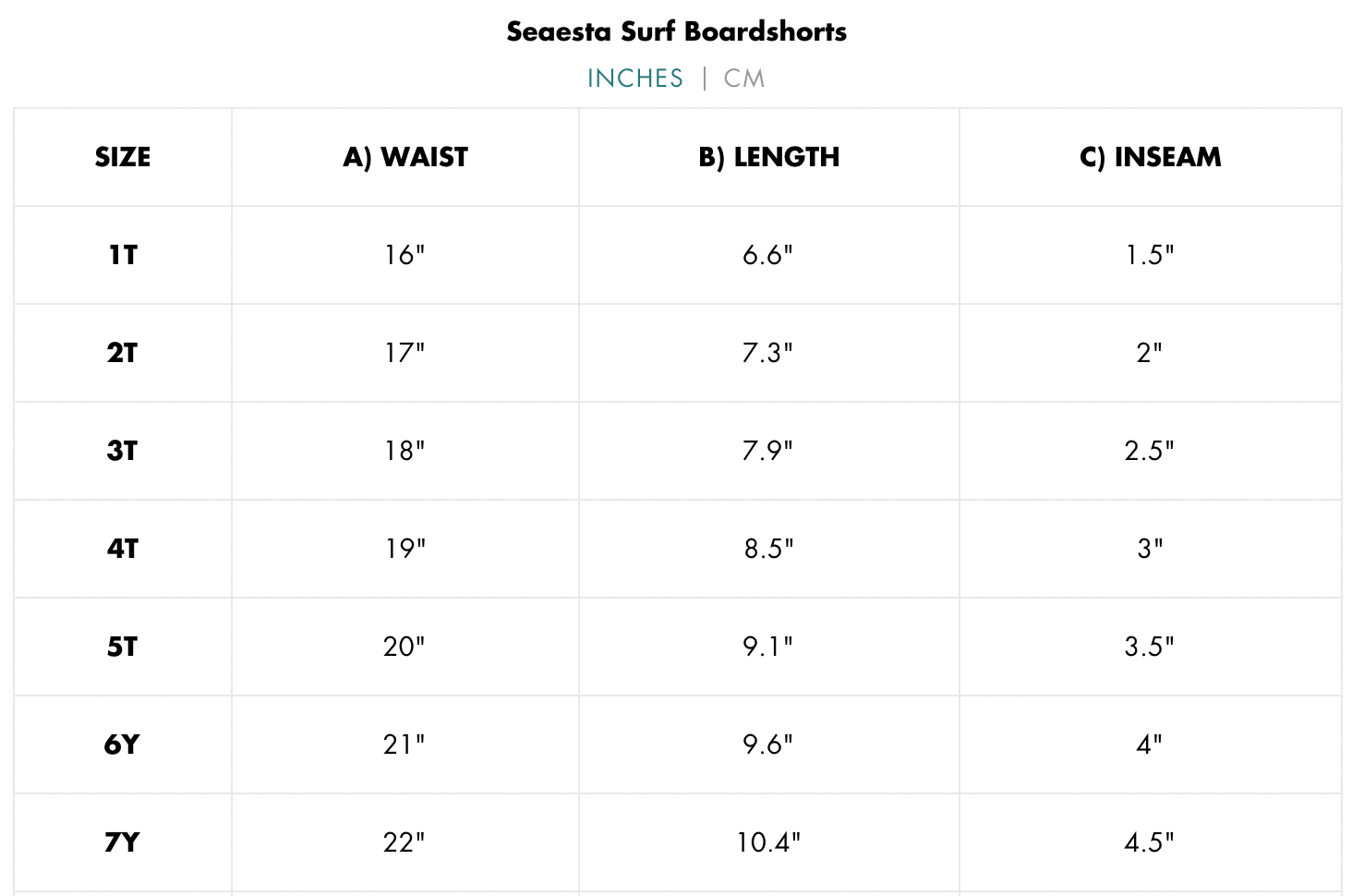 Seaesta Boardshorts Size Chart